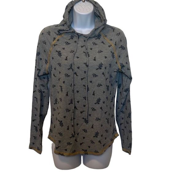 Discreet Gray Blue Floral Ribbed Hoodie Medium Drawstring Whimsigoth Grunge - Picture 1 of 6